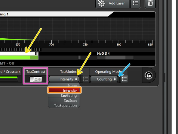 Because the 405nm laser is a continuous wave laser, the TauSense modes do not work with it.