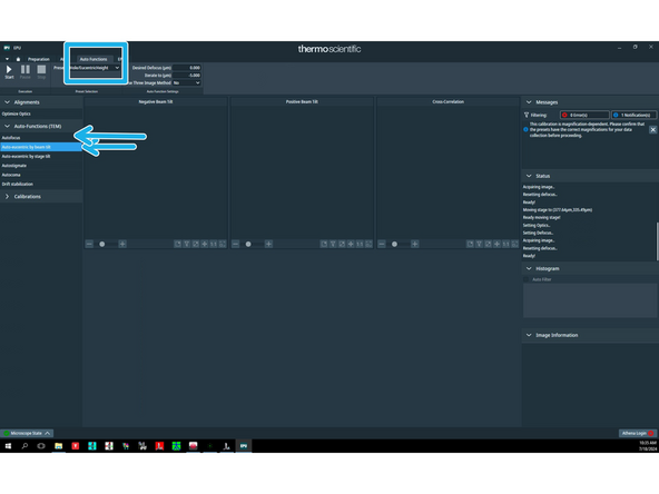 Navigate to an area that will not be used for data collection. Make sure that you are over the carbon film and not over the hole. Go to 'Auto functions' tab and run 'Auto eucentric' and 'Autofocus' routines.
