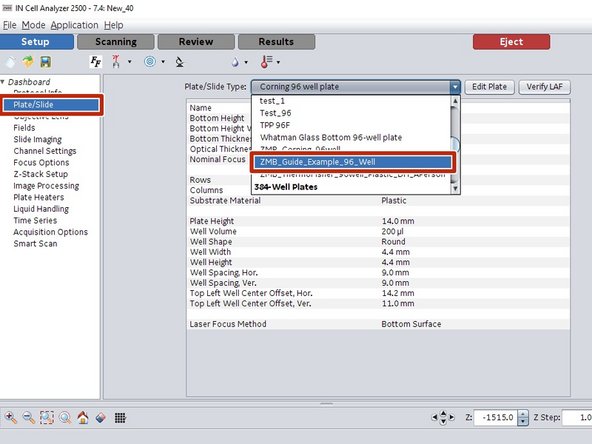 In "Dashboard/ Plate/Slide" select your newly generated plate definition.