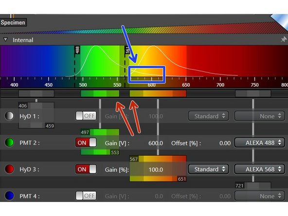 Click in the middle of the detection window (left mouse button ), and drag the detection range under the emission curve.