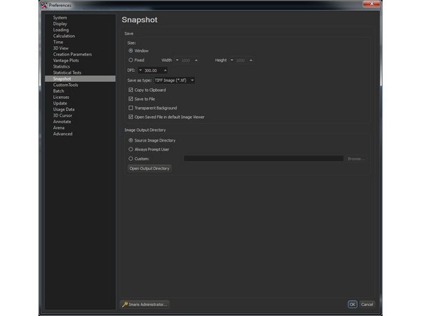 Use the arrow on the right of the Snapshot icon or File&gt;Preferences&gt;Snapshot to define your export settings.