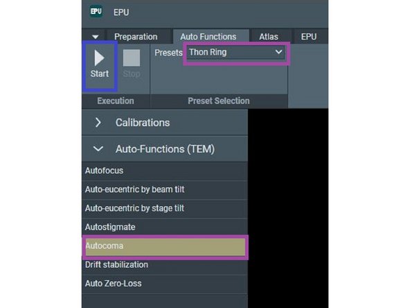 In the AutoFunction tab of EPU, select "Thon Ring" as presets, for the Autostigmate function.