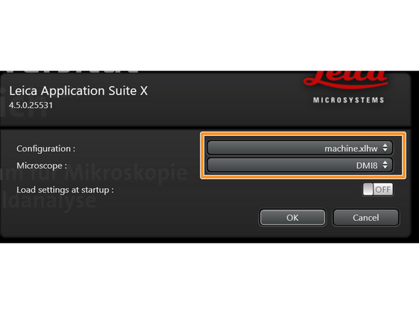 Make sure &quot;machine.xlhw&quot; is selected as &quot;Configuration&quot;, and &quot;DMI8&quot; as &quot;Microscope&quot;.