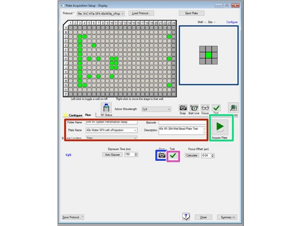 Use the Run tab in the Plate Acquisition Setup dialog to run the plate acquisition protocol and acquire the plate data.
