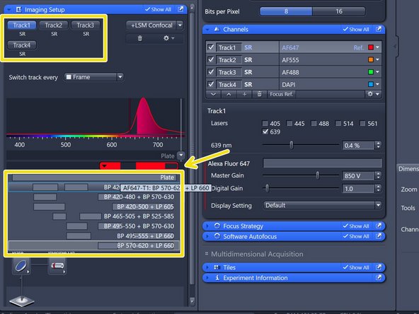 One can review/adjust the Emission filters (Dual band-pass) for each track and/or assign alternative filters.