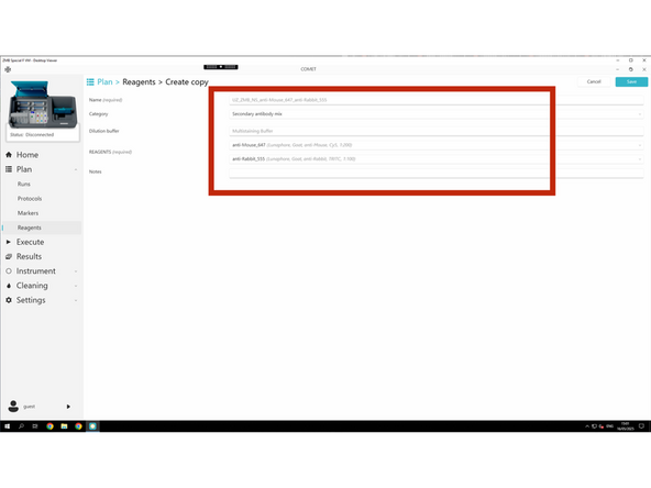 For each new reagent, fill in the required fields: Name, Category, and, if applicable: Channel, Dilution, Target genes, and Tails.