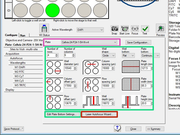 Use the Plate tab to configure the plate dimensions to accurately control the X, Y, and Z movements of the system. The plate dimensions you define also ensure that laser-based autofocusing is as accurate as possible.