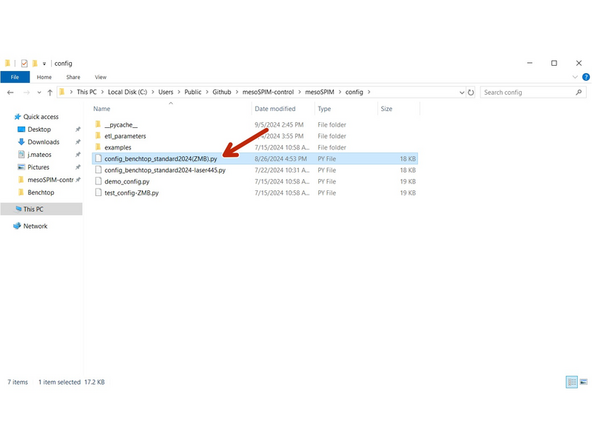 Double click on the &quot;MesoSPIM Control&quot; icon. A window will appear to select the mesoSPIM config file. Select: &quot;config_benchtp_standard2024(ZMB).py&quot;