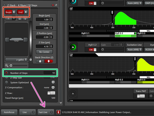 Set up both limits of the z-stack.