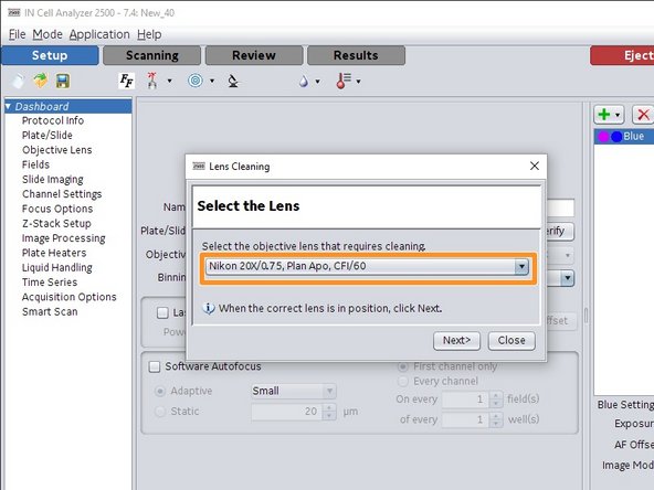 Go to  &quot;Application/Hardware/Clean objective lens...&quot; for starting the cleaning wizard.
