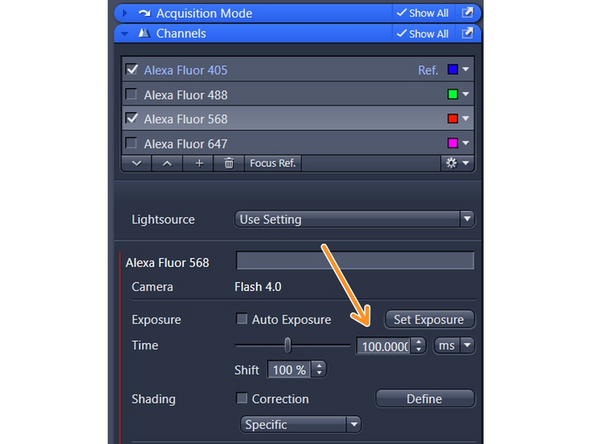The default 100 ms exposure time typically works quite well for the 63x oil objective.
