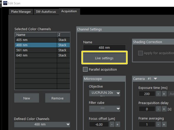 Press &quot;Live settings&quot; to check settings of the chosen channel in live view (&quot;Live settings control&quot;).