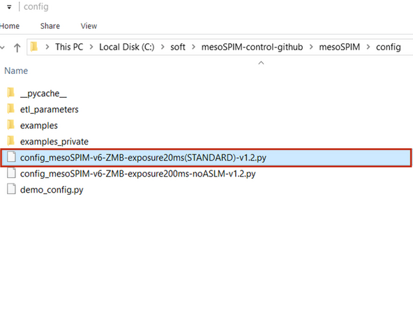 Double click on the "mesoSPIM Control" icon on the home screen. A window will appear to select the mesoSPIM config file.