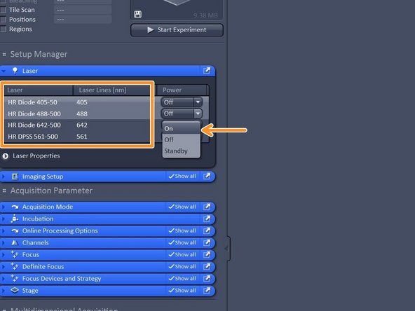 Switch on all lasers needed for your experiment.
