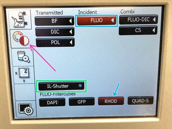On the touch screen at the microscope stand choose the light path tab.