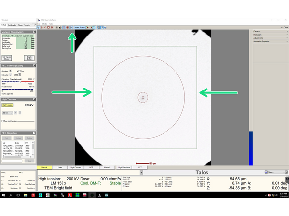 In the Flu Cam viewer click on the 'CCD' button to display the green square that shows the area of the Falcon4i detector.