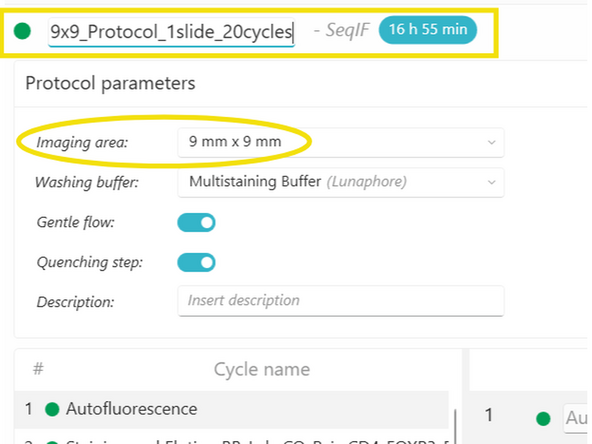 Take your protocol, 12.5mmx 12.5mm (156.25mm2 =100% tissue coverage of imaging area) that you will use in the final run, and make a mock 9mm x 9mm (81mm2 = 50% tissue coverage of imaging area) protocol. Save and use to design a Mock run for more accurate run time estimate.