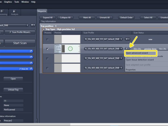 Select &quot;Open advanced wizard&quot; to  adjust scan parameters
