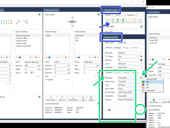 You can image up to four channels per setting, which can be applied to a series of positions.  You can select the illumination settings by clicking on the gear symbol on the  &quot;Acquisition settings&quot; tab. Simultaneously, you can keep the imaging on &quot;Live&quot; mode in the &quot;Acquisition control&quot; tab. This way, you can see how your changes affect the images.