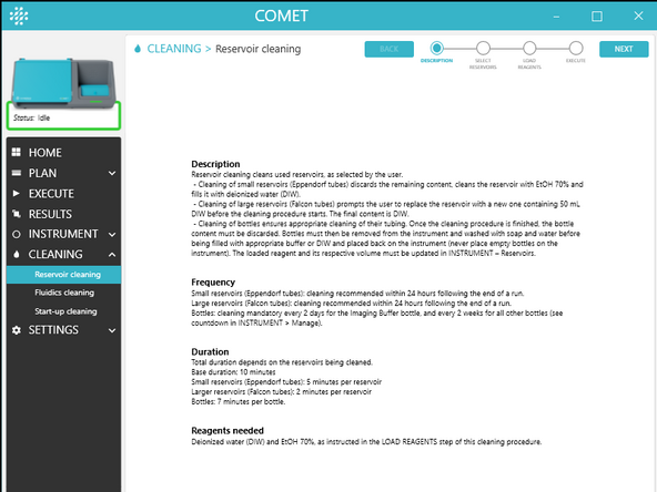Within 24 hr after the end of a run, perform a Reservoir cleaning of all small and large reservoirs used during that run. If the water &amp; EtOH reservoirs are properly filled at start of run you can trigger this cleaning remotely- by deselecting 50mL falcon reservoirs via remote control while using CITRIX
