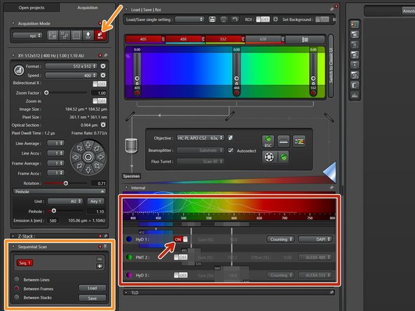 Once all detectors and lasers are set, activate only one detector and corresponding laser. Make sure all other lasers are at 0%.
