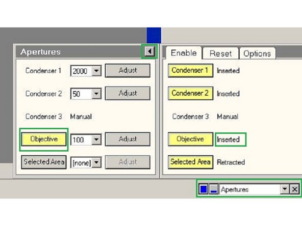 Insert the objective aperture using the Microscope User Interface (TUI). Click the arrow to display if the objective aperture is inserted. Insert it by clicking on "Objective" button.