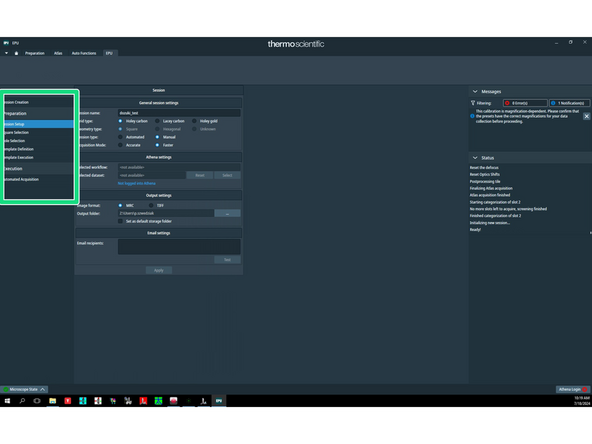Specify session's name and appropriate output storage folder. Select 'Grid type' - 'Holey carbon'; 'Session type' - 'Manual'; 'Acquisition mode' - 'Faster'. Click 'Apply'.