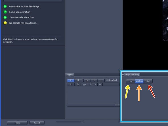 To better visualize sample, choose from three contrast levels within the image sensitivity tab: