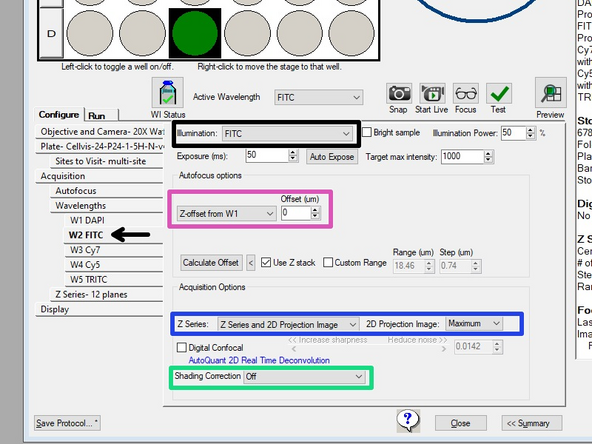 For W2- ; for example, FITC select Z-offset from W1.
