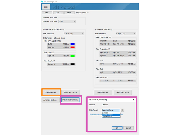 Click on &quot;Select Scan Bands&quot;. Deselect all channels you do not require in the new dialog. In this example we want to record DAPI, GFP and Alexa 647. Note that you will require an additional completely unstained sample if you want to measure the autofluorescence for later extraction.