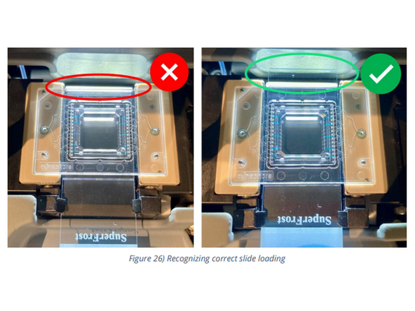 g) Place a new COMET Chip within the guiding pins, seal facing downwards. The cut corner of the chip must be placed on the top left corner of the stainer.