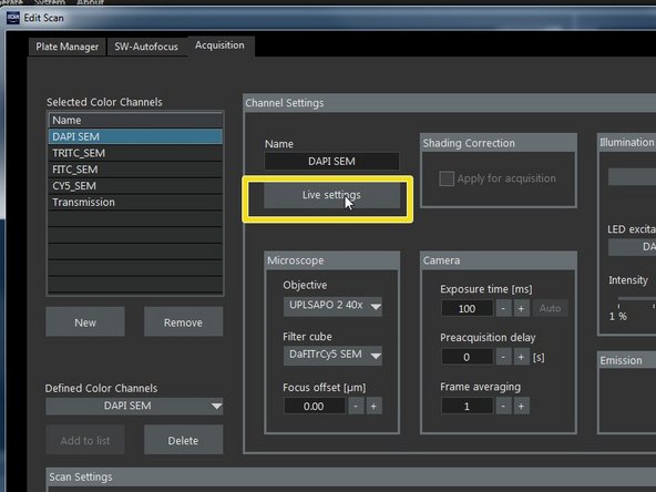 Press&quot;Live settings&quot; to check settings on Live view.