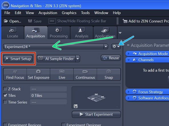 Since the microscope has a new light source, the previous settings in the dropdown menu are no longer functional. Please follow the steps below. New pre-defined settings will be provided soon. If you encounter any issues, contact the staff listed in the feedback form.