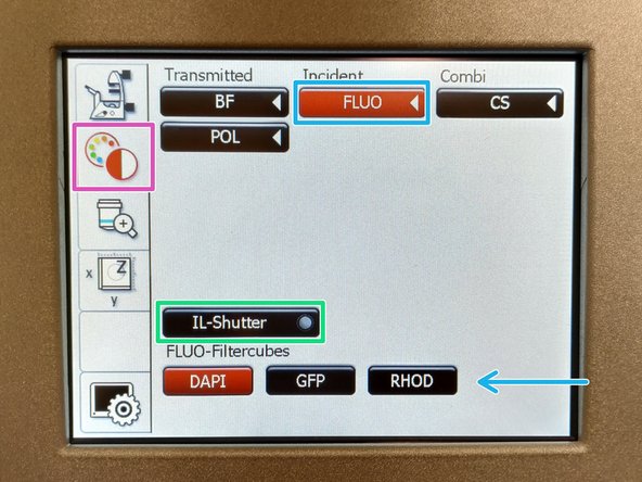 On the touch screen at the microscope stand choose the light path tab.