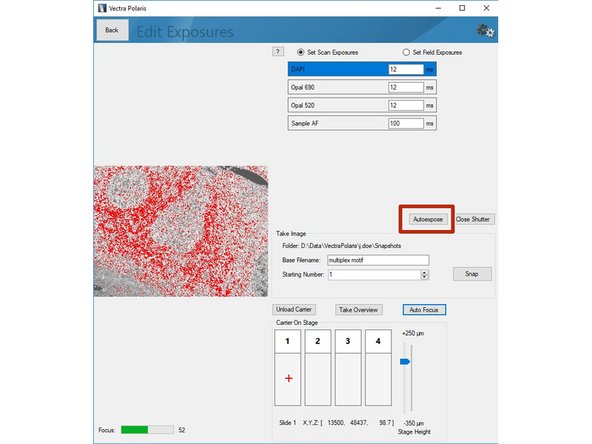 Use the &quot;Stage Height&quot; slider to bring your sample in focus. Do the fine adjustments by clicking the &quot;Auto Focus&quot; button. You can navigate on the sample by clicking within the slide (it will move the red cross).