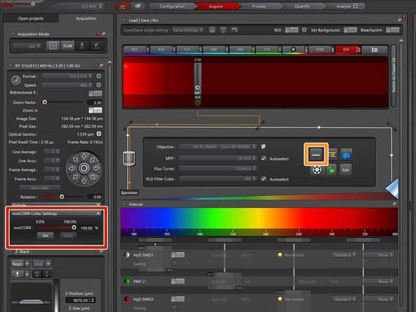 Proper adjustment of the objective correction collar is crucial for getting good imaging performance in multiphoton microscopy. For simple adjustments this microscope is outfitted with motorized collar rings.