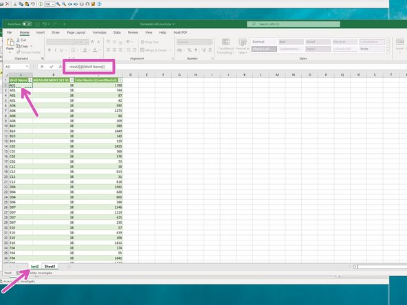 Go to the data sheet (test2), and click on the first cell (A2) with a well name, with the reference appearing in the formula bar.