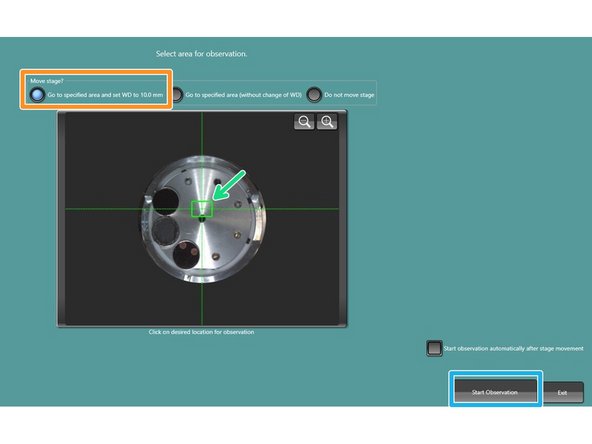 Stage will move to camera position and acquire an image.