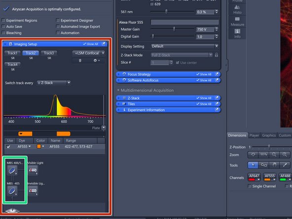 In the menu box "Imaging Setup" one can review and adjust/optimize the chosen imaging setup if necessary.