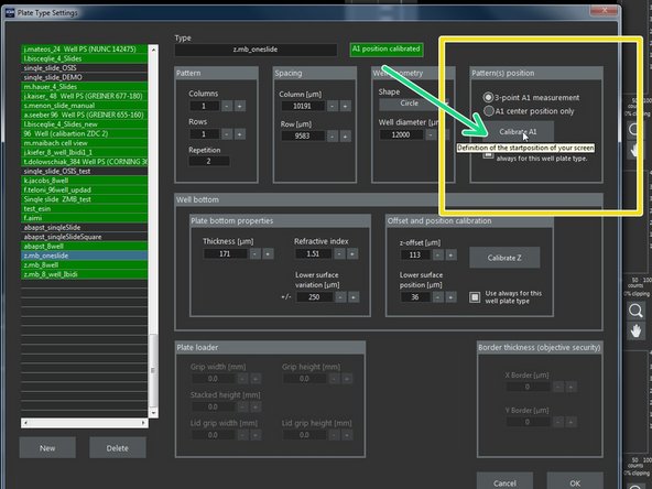Calibrate positions (&quot;Plate type settings&quot; window) using: