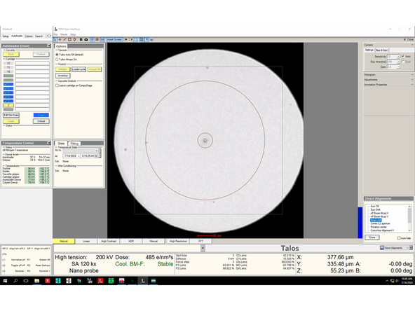 In case the beam is not present on the FluCam screen, change C2 to 50 um and reduce magnification (to around 50k) - the beam should then be visible close to the screen edge.