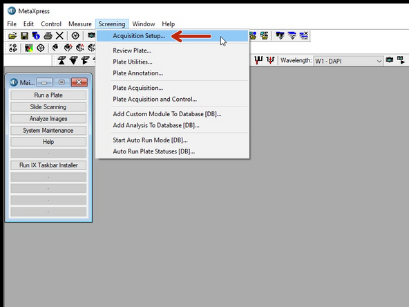 The Screening menu, which is used for protocol configuration and image acquisition.