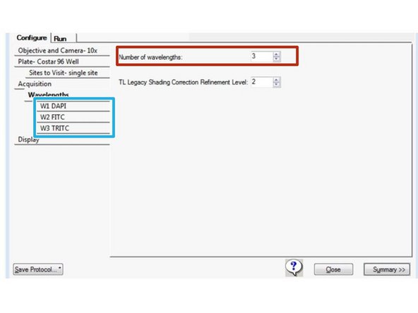 Use the Wavelengths tab to specify the total number of acquisition wavelengths for an experiment.