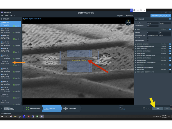 Adjust lamella position and nominal lamella thickness. A nominal 110nm thickness corresponds to ca. 180nm thick lamellas)