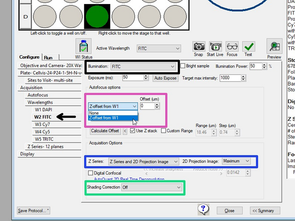 For W2 and each subsequent Wavelength specify Z series and 3D Projection Image