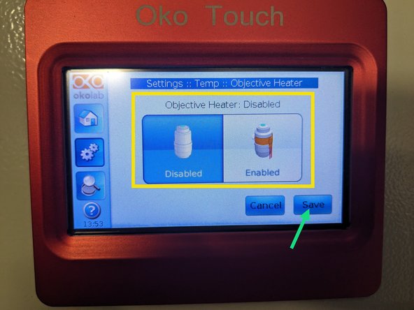 The objective heater needs to be enabled within Okolab for proper functioning. Please be aware that this is a global setting. This should be always checked and adapted according to your setup (enable/disable).