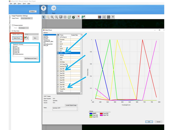 Start the InForm software (desktop link). Click on File/Open/Image and select the two previous recordings from the Snapshot folder