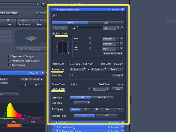In the "Acquisition Mode" box you can change the scan area, adjust the scan speed as well as optimize the image size for optimal sampling and therefore image resolution. They might differ between SR or MPLX mode. See steps ....