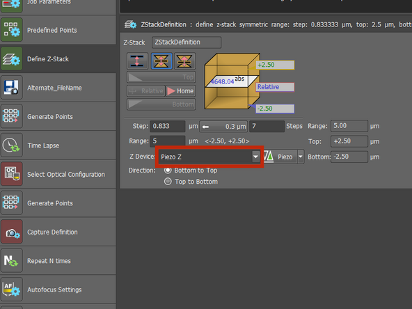 Select the &quot;Piezo Z&quot; from the &quot;Z Device&quot; drop-down menu.