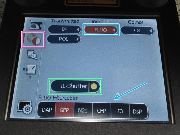 On the touch screen at the microscope stand choose the light path tab.